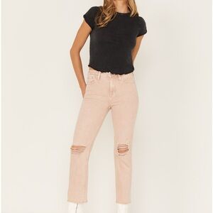 Cleo + Wolf High Rise Straight Distressed Raw Hem Rose Pink Crop Denim Jeans